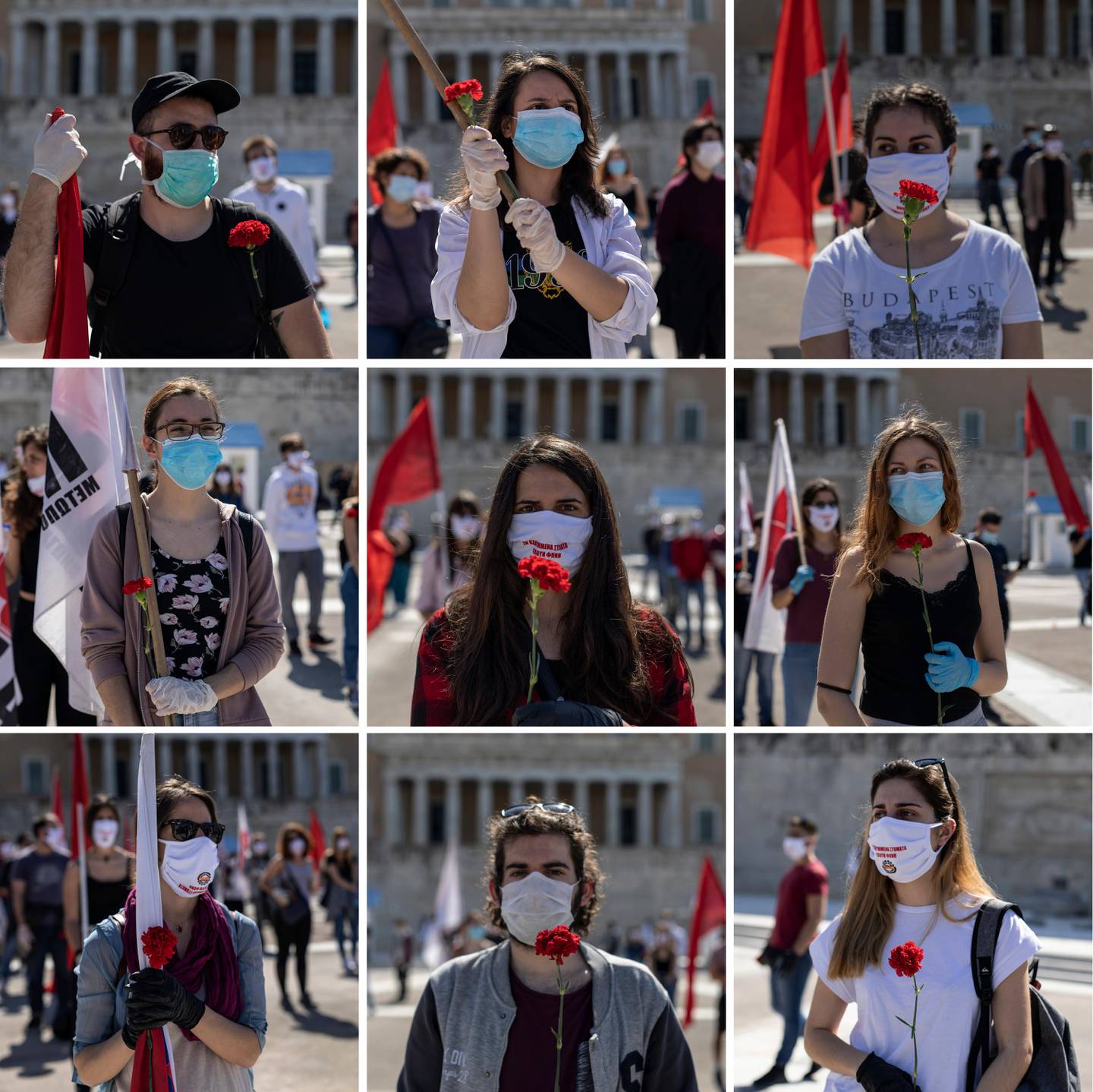 In this Friday, May 1, 2020 combination photo, featuring nine separate images, protesters from the communist party-affiliated PAME union wearing gloves and masks to protect against coronavirus, hold carnations during a May Day rally outside the Greek Parliament, in Athens. Hundreds of protesters gathered in central Athens and the northern Greek city of Thessaloniki to mark May Day, despite appeals from the government for May Day marches and commemorations to be postponed until next Saturday, when some lockdown measures will have been lifted. (AP Photo/Petros Giannakouris)
