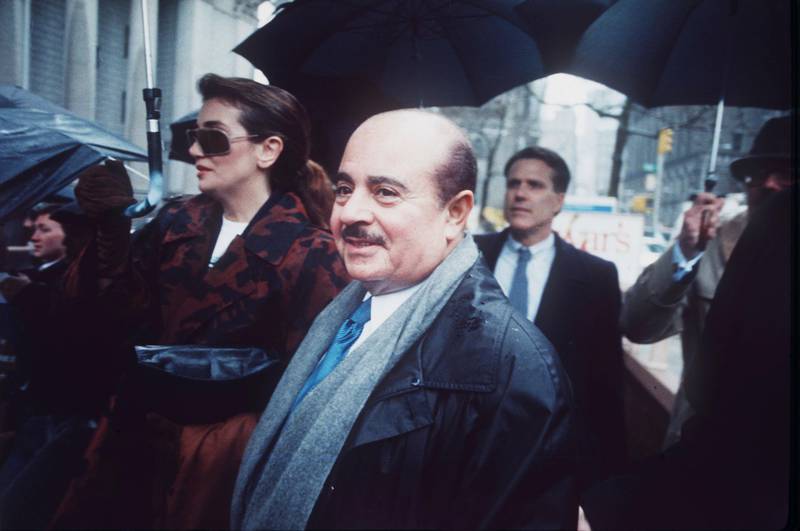 FILE - In this April 4, 1990 file photo, Adnan Khashoggi arrives at Manhatten Federal Court, New York. Saudi arms dealer Khashoggi, once one of the world's richest men who was implicated in the Iran-Contra affair, has died. He was 81 and had been suffering from Parkinson's disease, it was reported on Tuesday, June 6, 2017. (AP Photo, File)