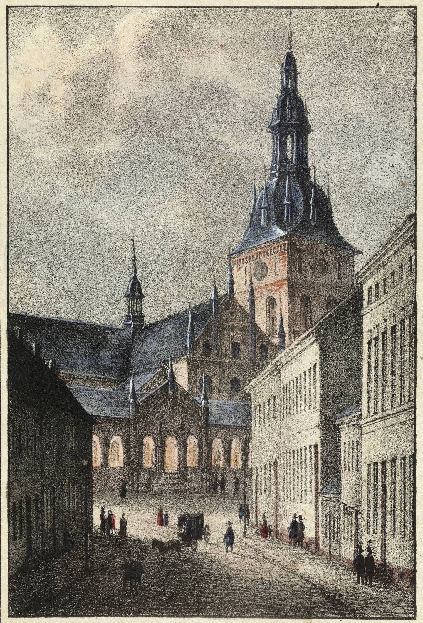 Bazaren og Vår Frelsers kirke slik den så ut etter ombyggingen på 1850-tallet, sett fra Storgata. Kopi etter Joachim Frich.