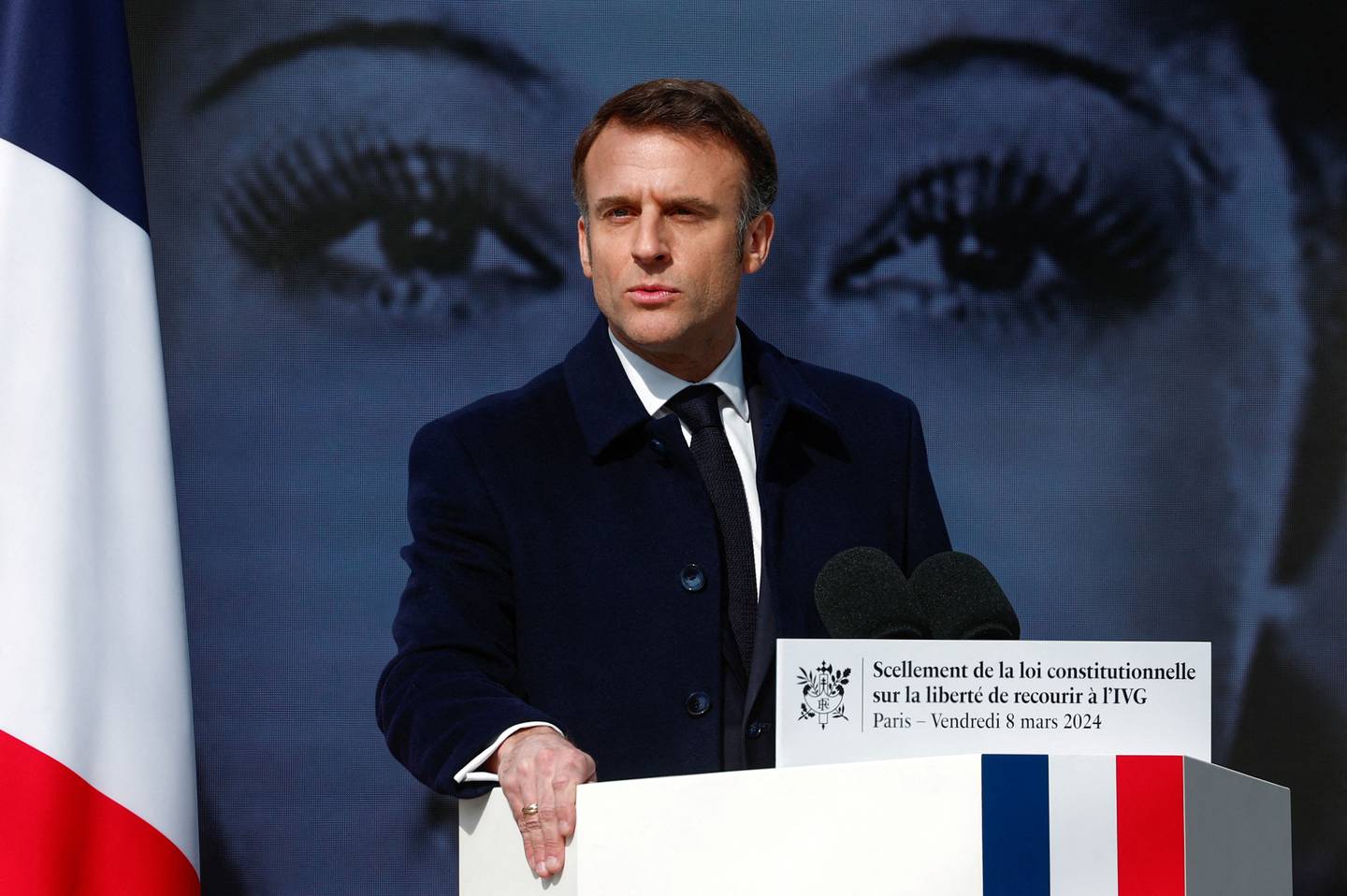 French President Emmanuel Macron delivers a speech during a ceremony to seal the right to abortion in the French constitution, on International Women's Day, at the Place Vendome, in Paris, on March 8, 2024. (Photo by Gonzalo Fuentes / POOL / AFP)