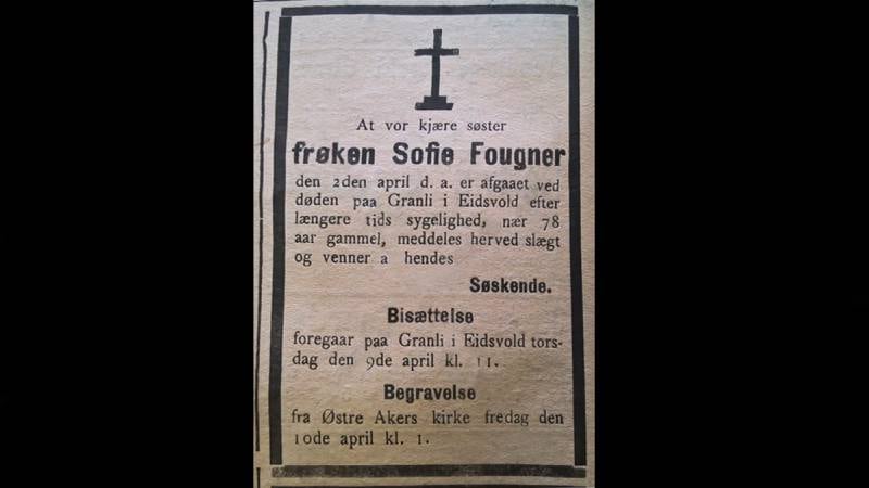 Frøken Fougners søsken rykket inn denne annonsen i Eidsvold Blad i april 1908.