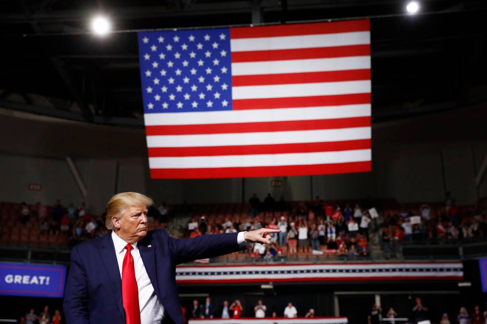 President Donald Trump reacts at the end of his speech at a campaign rally, Thursday, Aug. 15, 2019, in Manchester, N.H. (AP Photo/Patrick Semansky)