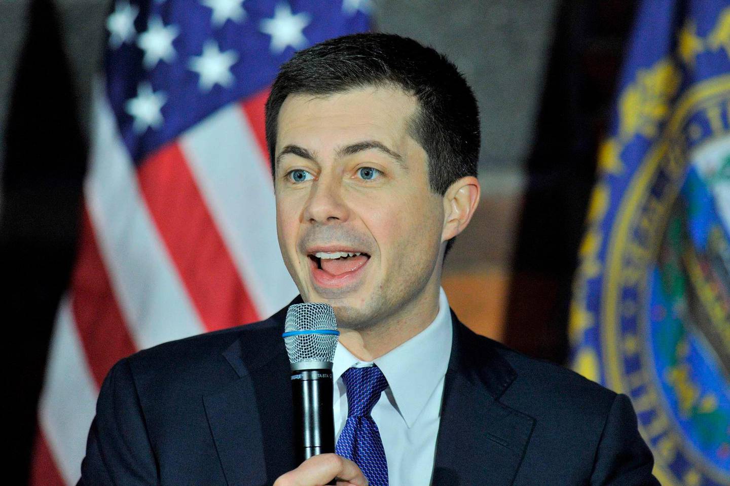 Democratic Presidential candidate Pete Buttigieg  speaks at the Rex Theater in his first public appearance since the Iowa Caucus the night before in Manchester, New Hampshire on February 4, 2020. - The US Democratic Party was unable to provide results from the Iowa state caucuses Tuesday despite spending millions of dollars, owing to what it called a technical glitch and President Donald Trump called incompetence.New Hampshire votes second, on February 11,2020 and tradition dictates that the top performers in Iowa board jets and race to The Granite State to capitalize on the momentum. (Photo by Joseph PREZIOSO / AFP)