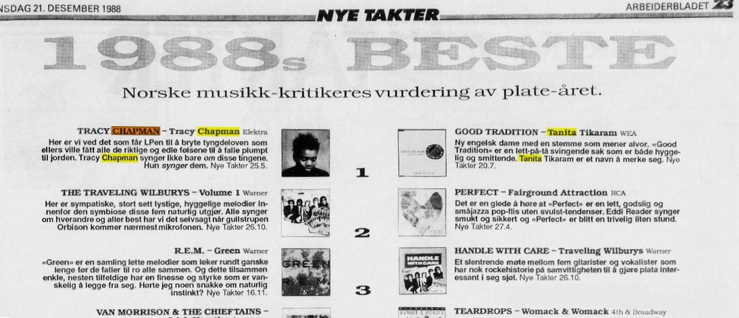 Kritikertoppen for 1988 i Nye Takter, med Tracy Chapman som årets album, Tanita Tikaram med årets singel.