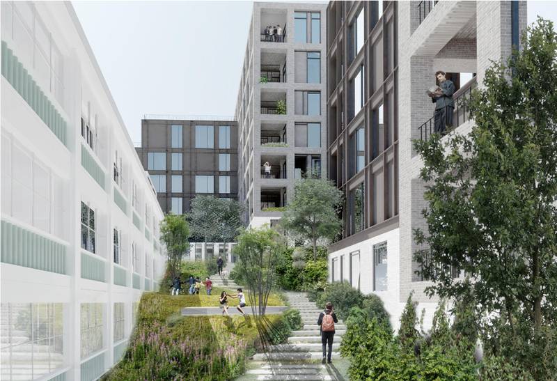 Planer om hageområde mellom Verkstedhallen og boligblokker.  Illustrasjon: Henning Larsen Architects