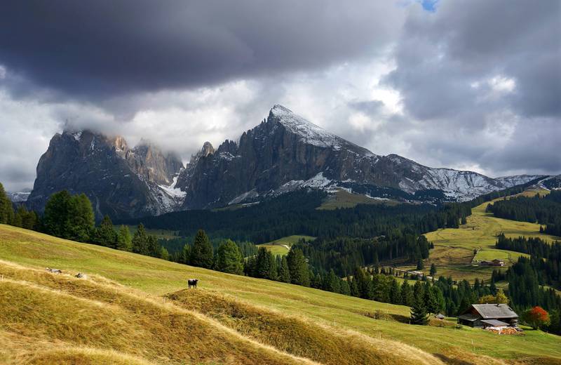 Alpe di Siusi er Europas største høyfjellsplatå. Sassopiatto i bakgrunnen. FOTO: CHRISTINE BAGLO