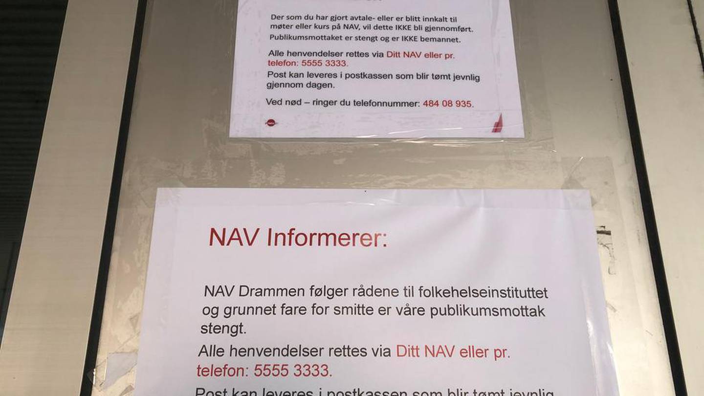 NAV Drammen har holdt stengt for publikumsmottak siden 16. mars. Ifølge leder Katrine Christiansen, ville det ikke vært forsvarlig å holde mottaket åpent da det ville vært for stor smitterisiko i lokalet.