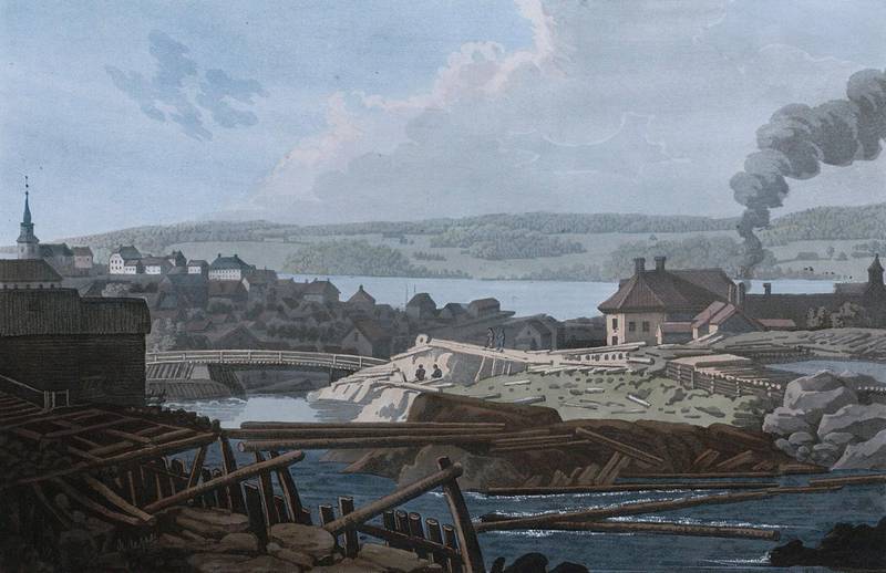 Det var Vansjøvassdraget, fossen og havna som skapte Moss. Maleriet viser gamle Moss Jernverk, som ble bygd ved Mosseelva.