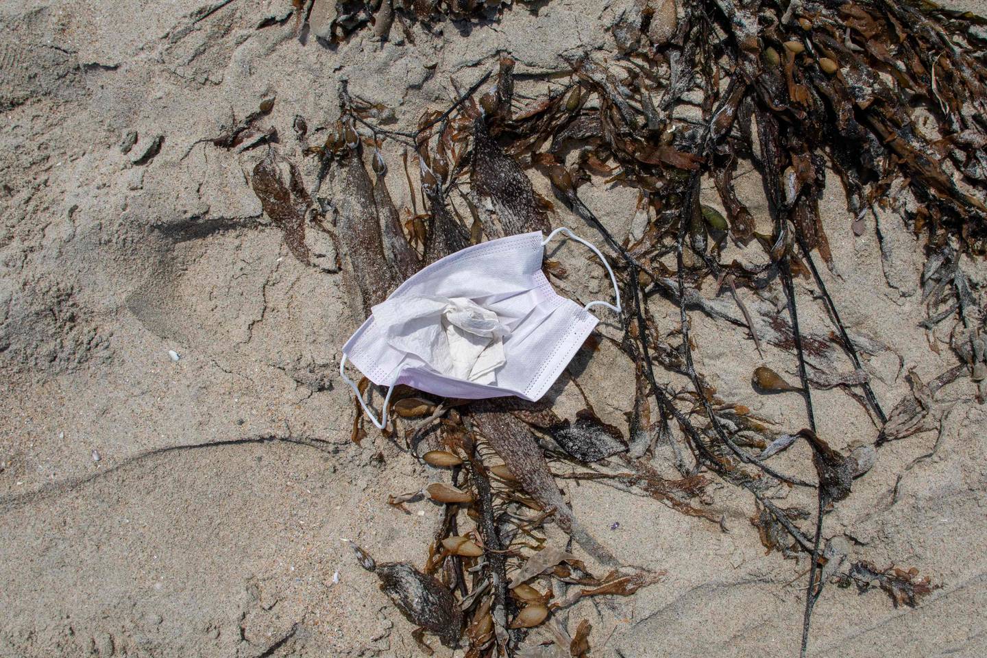 Et forlatt munnbind ligger på stranda på Long Beach i California.