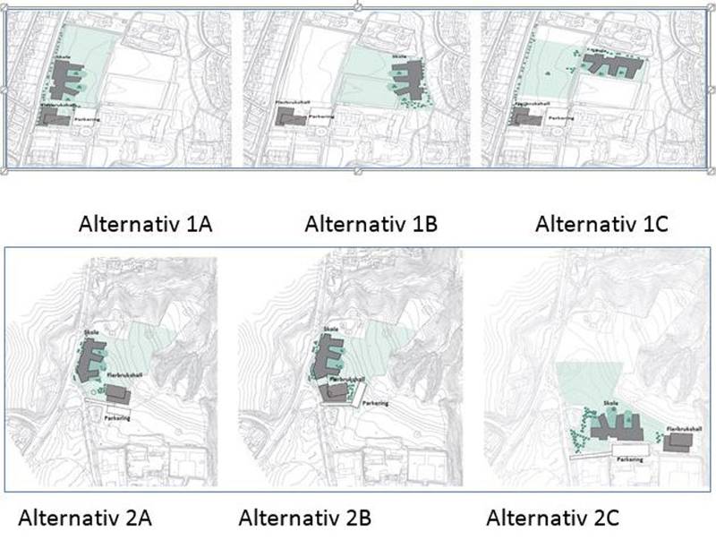 Alternativene: Slik ser alternativene rådmannen har presentert ut. Øverst: sentralt på Åskollen. Nederst: Lolland.