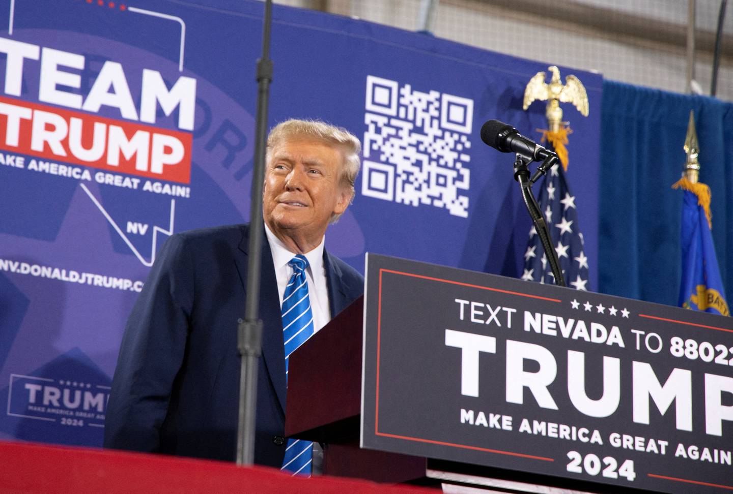 FILE PHOTO: Republican presidential candidate and former U.S. President Donald Trump speaks at a campaign rally ahead of the Republican caucus in Las Vegas, Nevada, U.S. January 27, 2024. REUTERS/Ronda Churchill/File Photo