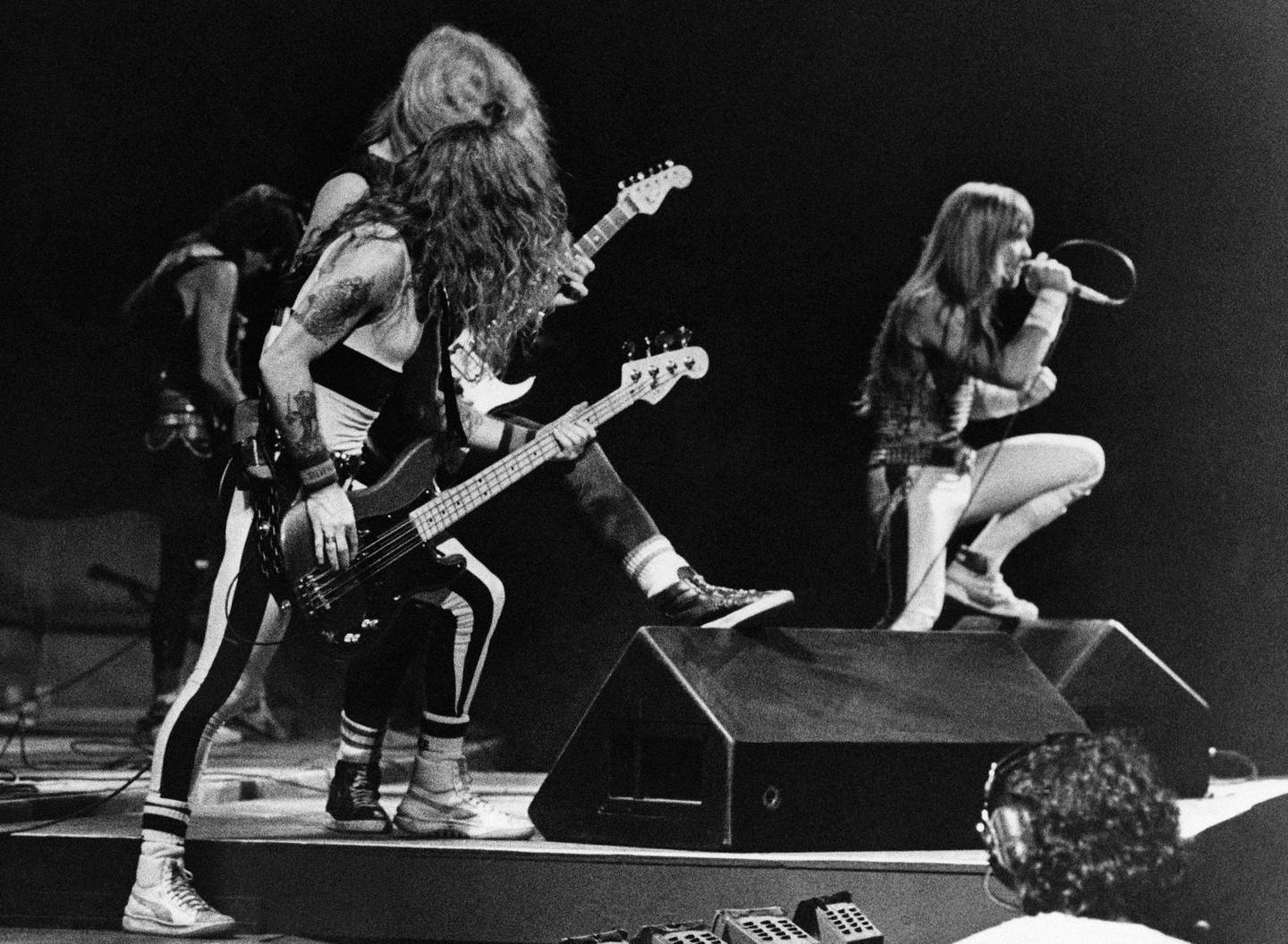 The British hard Rock group Iron Maiden performing Friday night, Jan 12, 1985 at the opening night of Rio de Janeiro's Rock in Rio music festival. (AP Photo)