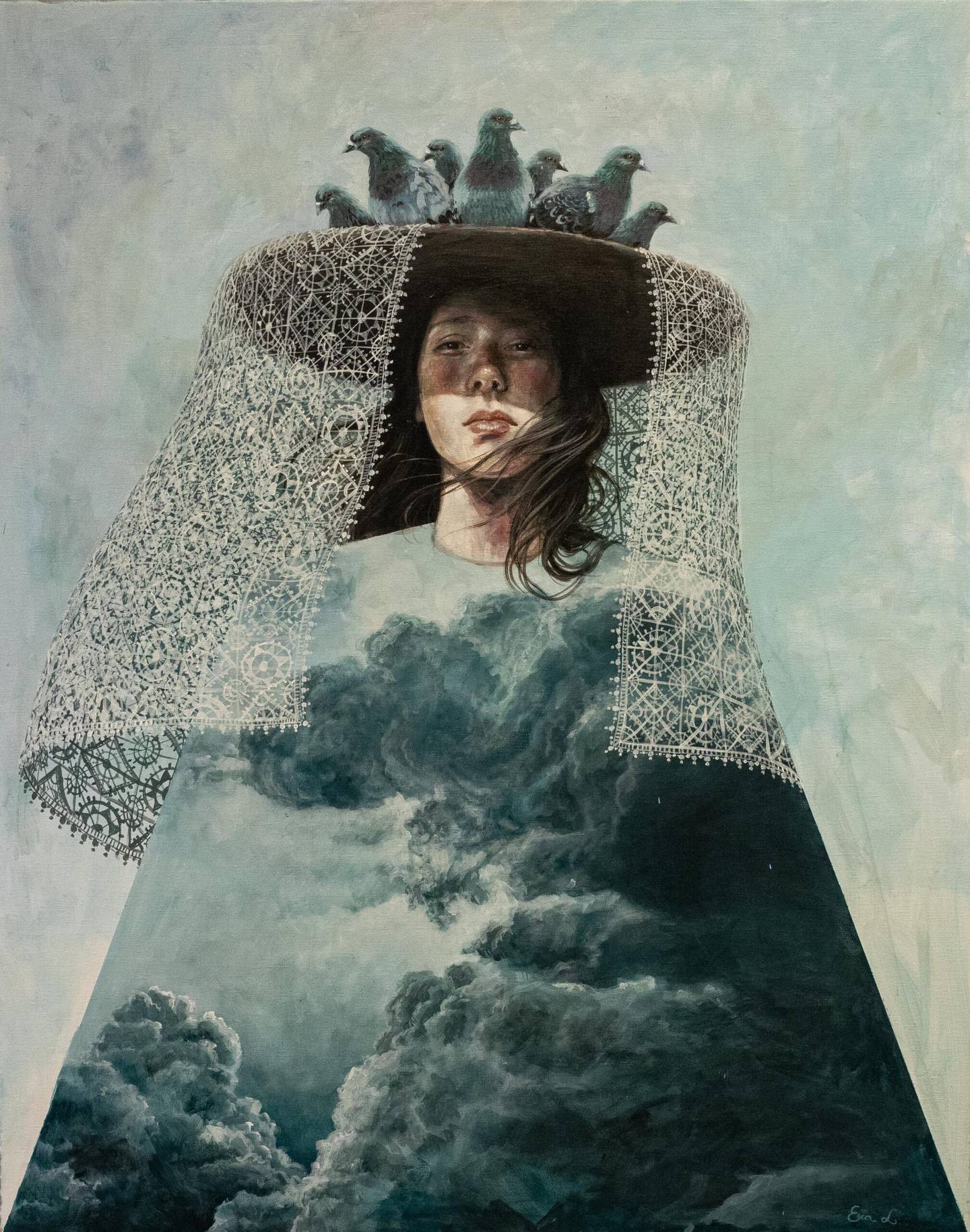 Era Leisner innlemmer naturelementer i sine smått surrealistiske malerier. Her «Stormy clouds».