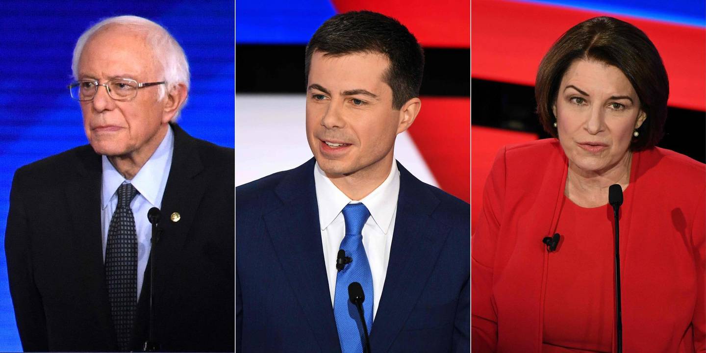 (COMBO) This combination of file pictures created on February 11, 2020 shows
Democratic presidential hopeful Vermont Senator Bernie Sanders (L) during the eighth Democratic primary debate in Manchester, New Hampshire, on February 7, 2020, and Democratic presidential hopefuls Mayor of South Bend, Indiana Pete Buttigieg (C) and Minnesota Senator Amy Klobuchar during the seventh Democratic primary debate in Des Moines, Iowa on January 14, 2020. - Bernie Sanders won New Hampshire's high-stakes Democratic primary on February 11, 2020, according to US network projections, leaving rivals including party stalwart Joe Biden in his wake as he staked his claim to challenge President Donald Trump in November. Indiana ex-mayor Pete Buttigieg finished in second place at 24 percent while Midwestern moderate Amy Klobuchar maintained a late surge to place third on about 20 percent. (Photos by Timothy A. CLARY and Robyn Beck / AFP)