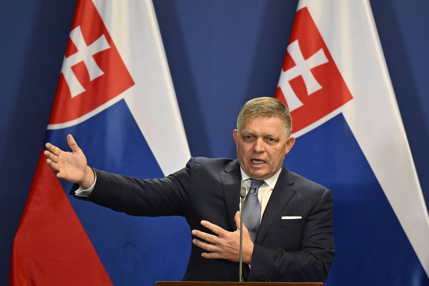 Slovakia's Prime Minister Robert Fico speaks during a press conference with Hungary's Prime Minister Viktor Orban at the Carmelite Monastery in Budapest, Hungary, Tuesday, Jan. 16, 2024. (AP Photo/Denes Erdos)