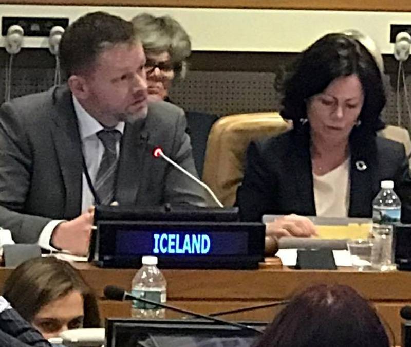 Likestillingsminister Solveig Horne satt ved siden av sin islandske kollega Thorsteinn Viglundsson under et møte i FNs kvinnekommisjon (CSW) i New York nylig.