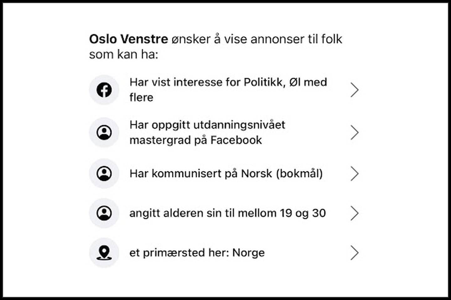 Oslo Venstre-annonse på Facebook