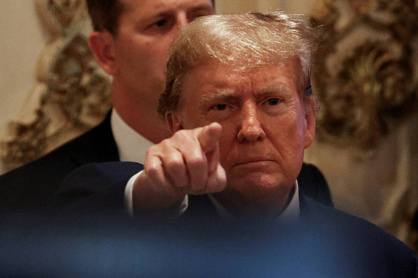 Republican presidential candidate and former U.S. President Donald Trump gestures at a watch party event to mark the Super Tuesday primary elections at his Mar-a-Lago property, in Palm Beach, Florida, U.S. March 5, 2024. REUTERS/Marco Bello