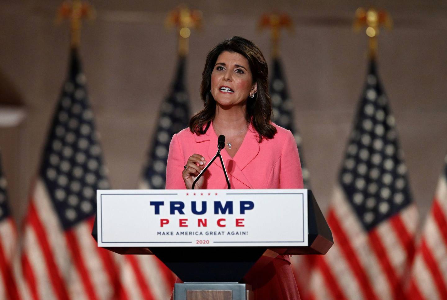 Former Ambassador to the United Nations Nikki Haley speaks during the first day of the Republican convention at the Mellon auditorium on August 24, 2020 in Washington, DC (Photo by Olivier DOULIERY / AFP)