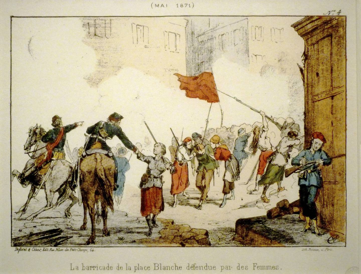 En barrikade ved Place Blanche under "den blodige uken". 30 kvinner var blant dem som forsvarte barrikaden. En av dem var Louise Michel.