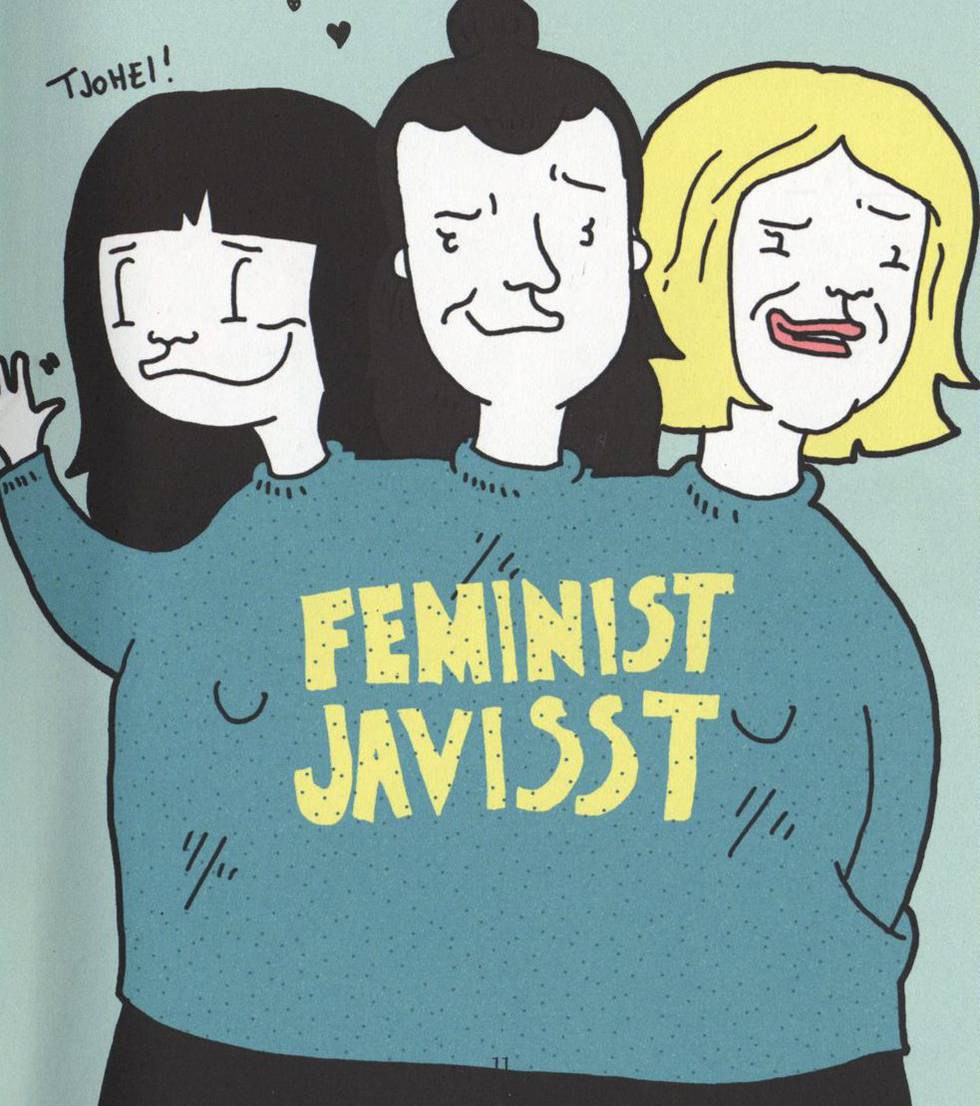 Jenny Jordahl, Madeleine Schultz og Marta Breen i en illustrasjon signert førstnevnte, hentet fra deres nye samarbeidsbok, «F-ordet».