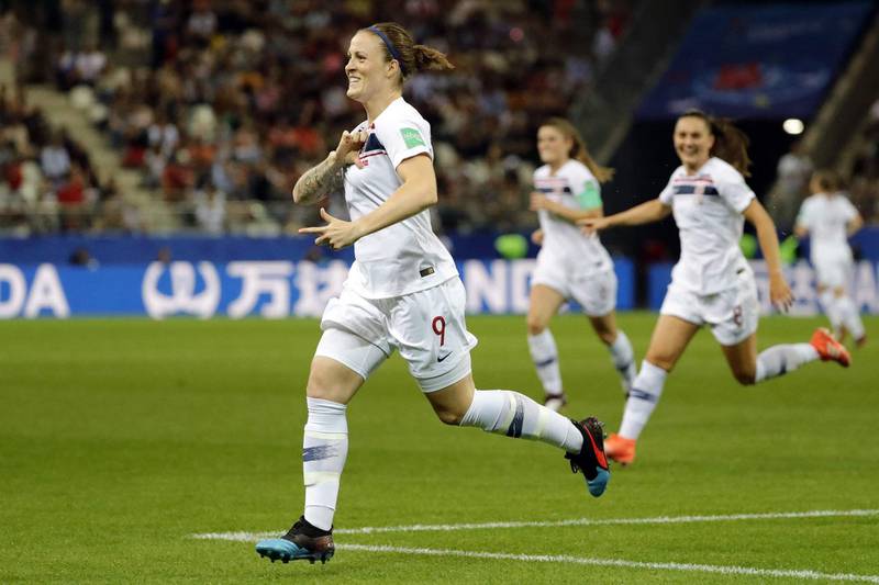 Norway's forward Isabell Herlovsen celebrates after scoring a goal during the France 2019 Women's World Cup Group A football match between South Korea and Norway, on June 17, 2019, at the Auguste-Delaune Stadium in Reims, eastern France. (Photo by THOMAS SAMSON / AFP)