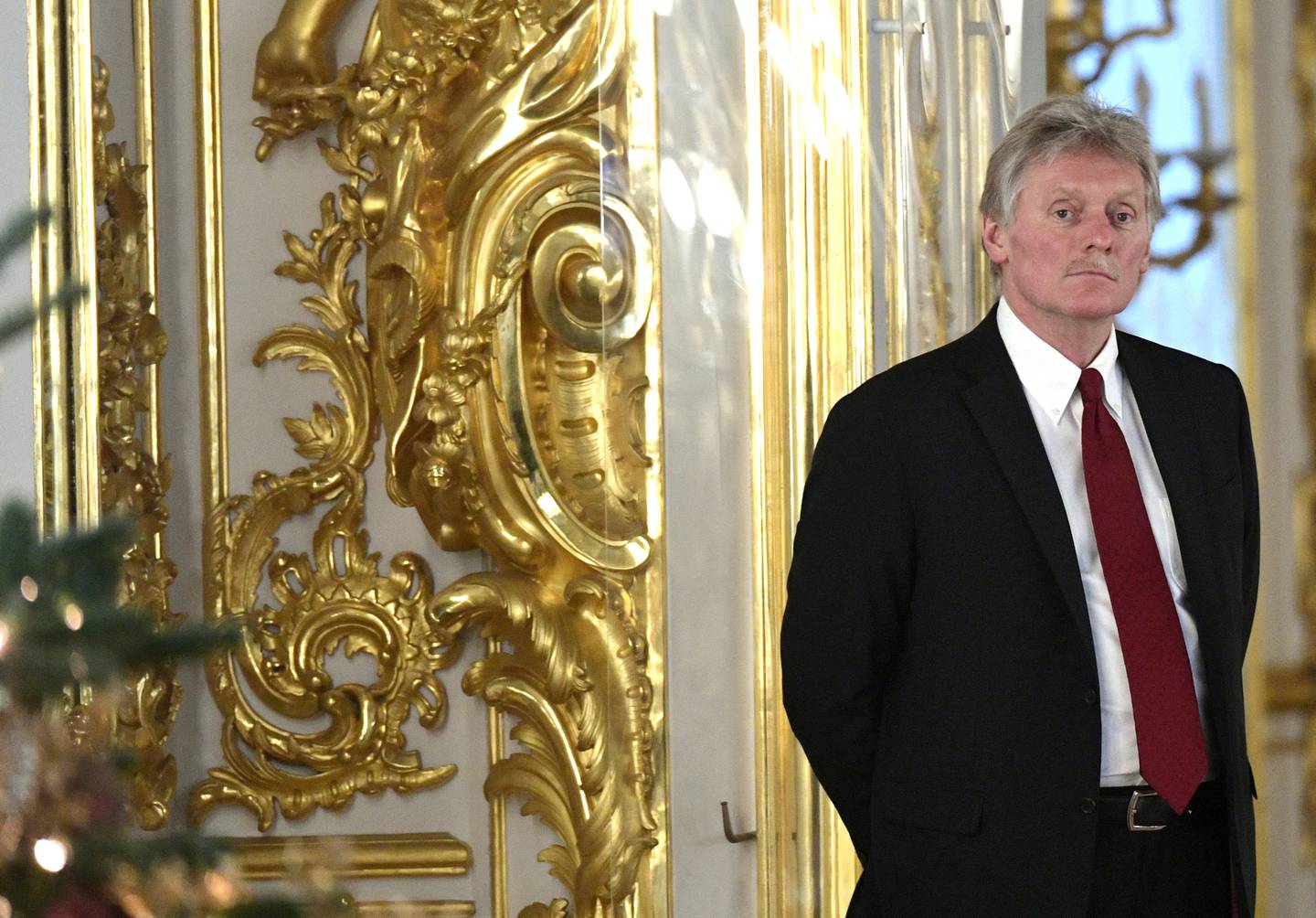 Kremlin spokesman Dmitry Peskov looks on during a visit of CIS heads of state to the Catherine Palace at the Tsarskoye Selo State Museum and Reserve in Saint Petersburg, Russia December 26, 2023. Sputnik/Alexei Danichev/Kremlin via REUTERS ATTENTION EDITORS - THIS IMAGE WAS PROVIDED BY A THIRD PARTY.
