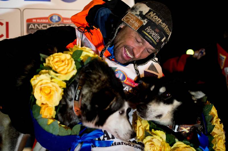 Thomas Waerner, of Norway, arrives in Nome, Alaska, Wednesday, March 18, 2020, to win the Iditarod Trail Sled Dog Race. (Marc Lester/Anchorage Daily News via AP)