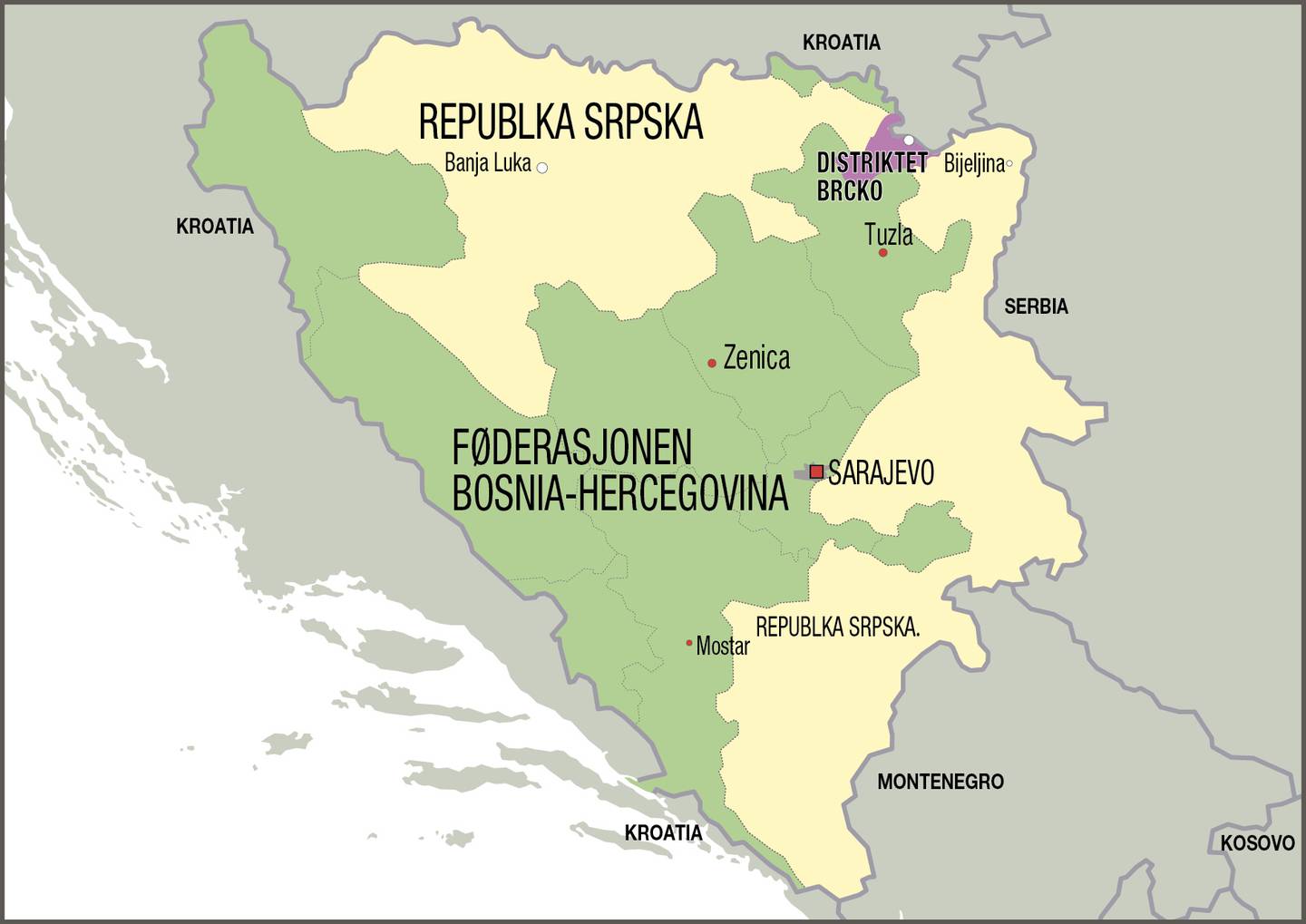 Kart over Bosnia-Hercegovina.