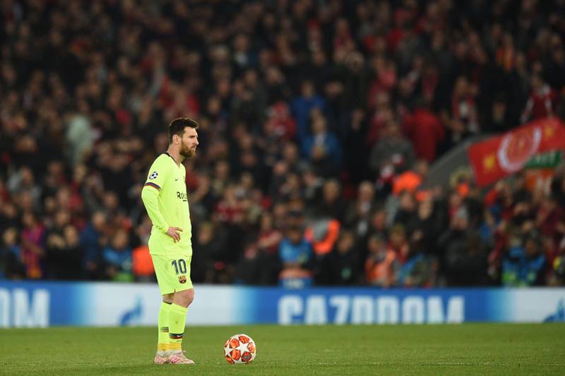 Barcelona's Argentinian striker Lionel Messi reacts after Liverpool scored their fourth goal during the UEFA Champions league semi-final second leg football match between Liverpool and Barcelona at Anfield in Liverpool, north west England on May 7, 2019. (Photo by Oli SCARFF / AFP)