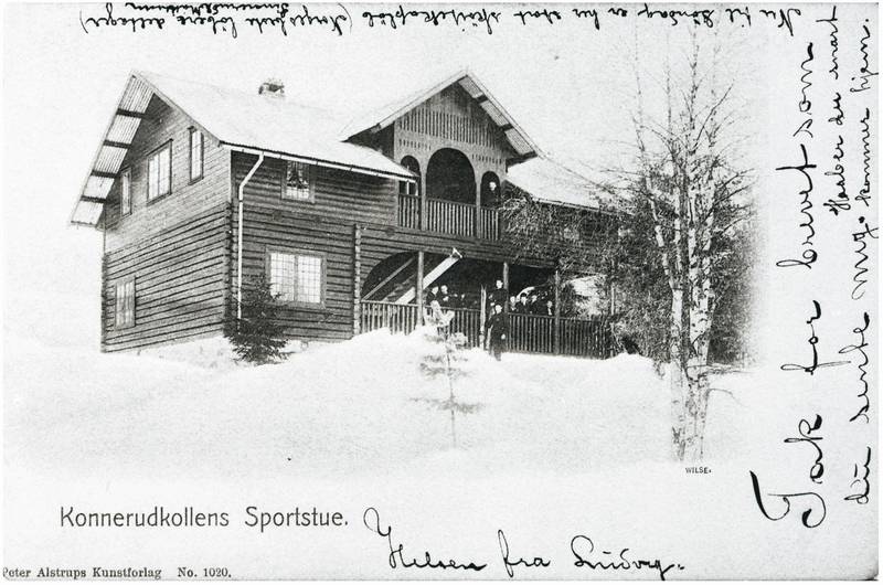 Gammelt postkort av Sportsstua på Konnerud.