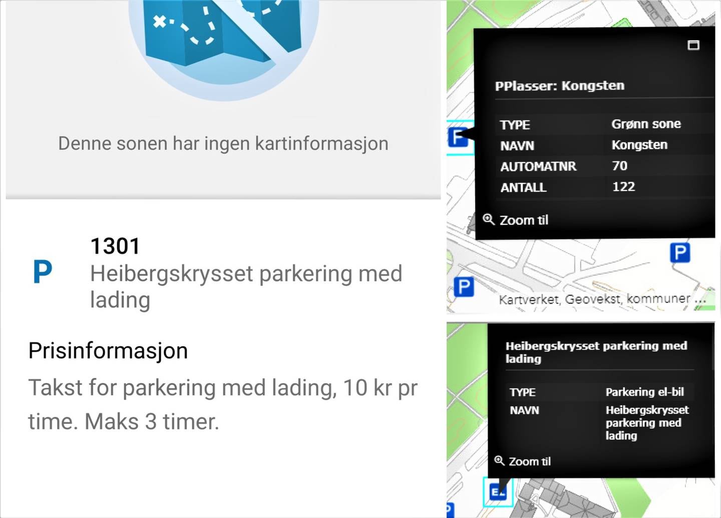 I parkeringsappen til Fredrikstad kommune vises riktig informasjon og pris, selv om plassen er definert som grønn sone. Kartet på kommunens nettside mangler opplysninger.