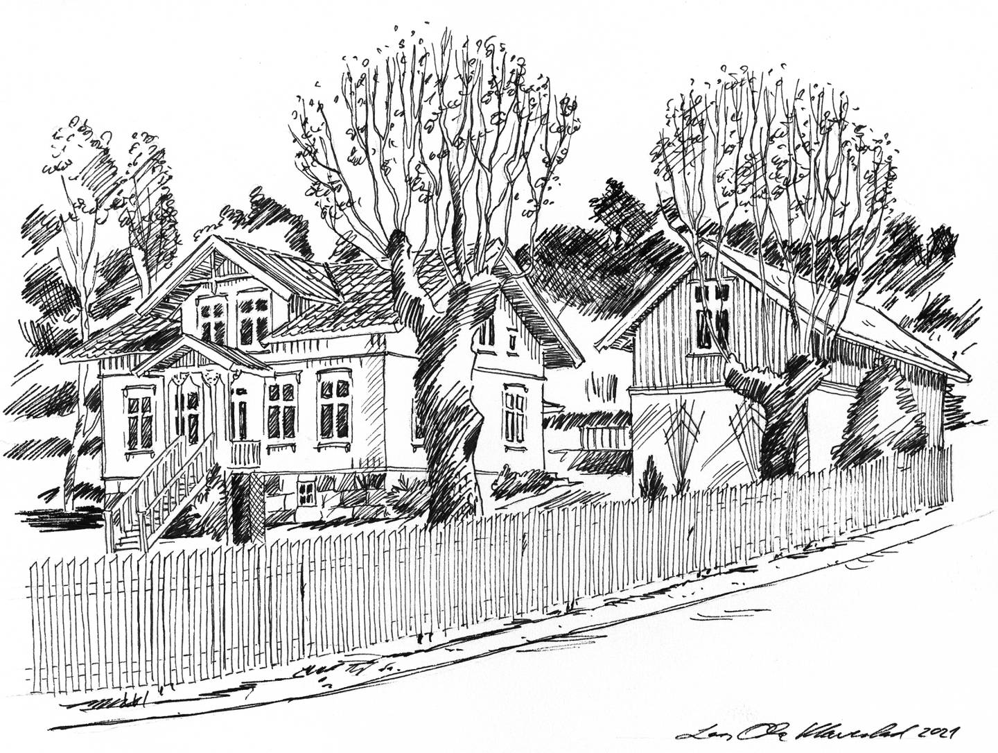 Lars Ole Klavestad har illustrert boka med en rekke strektegninger av bolighus og gårder på Årum. Her fra Vardeveien.