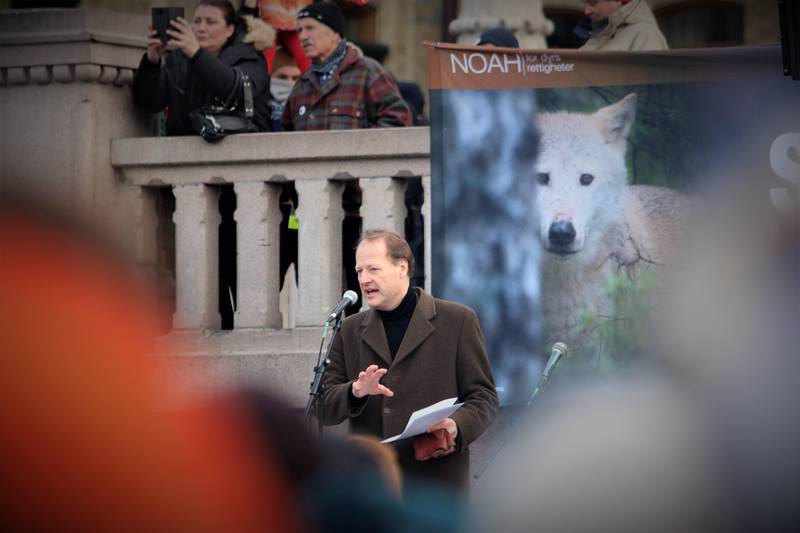 Jusprofessor Mads Andenæs holdt appell på Noahs ulvedemonstrasjon foran Stortinget 12. januar 2019.