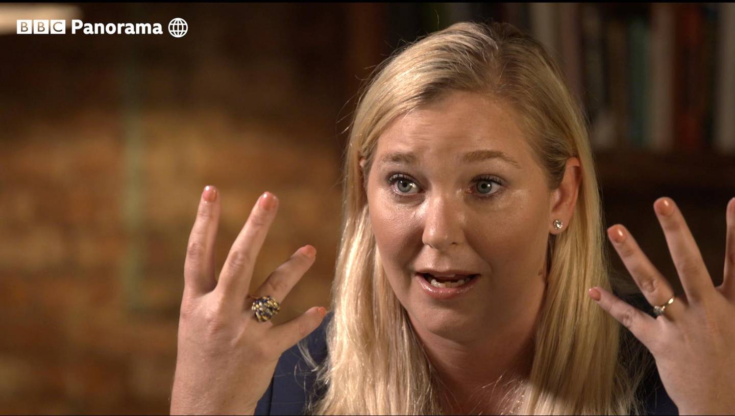 In this image taken from video issued by the BBC, Virginia Roberts Giuffre gestures during an interview on the BBC Panorama program that will be aired on Monday Dec. 2, 2019. Roberts Giuffre says she was a trafficking victim made to have sex with Prince Andrew when she was 17 is asking the British public to support her quest for justice. She tells BBC Panorama in an interview to be broadcast Monday evening that people "should not accept this as being OK." Giuffre's first UK television interview on the topic describes how she was trafficked by notorious sex offender Jeffrey Epstein and made to have sex with Andrew three times, including once in London. (BBC Panorama via AP)