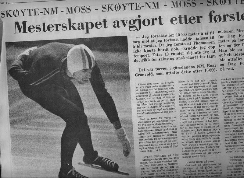 Det var tåke og høljende regnvær da Dag Fornæss ble norsk skøytemester i 1971. Moss Skøyteklubb var arrangør. FAKSIMILE: MOSS DAGBLAD
