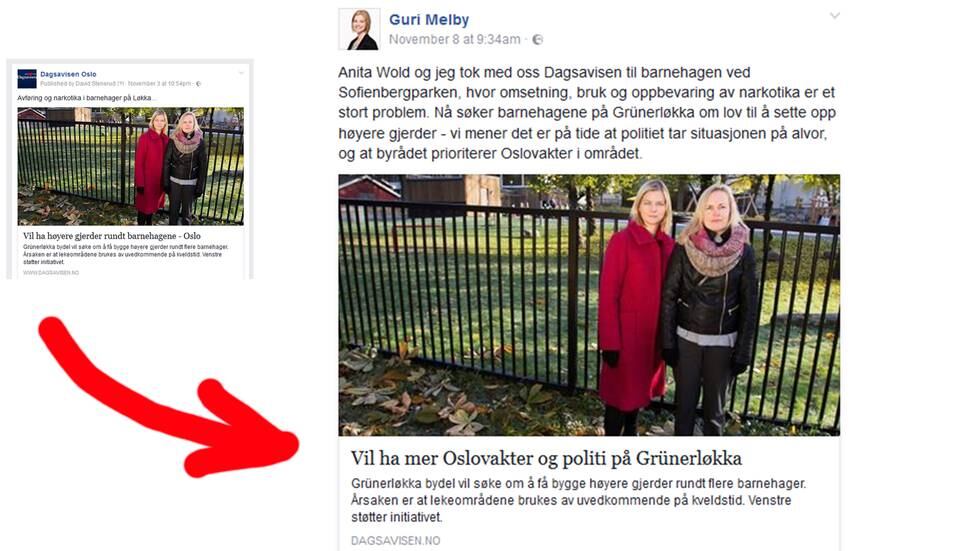 Tidligere byråd Guri Melby og Oslo Venstre likte ikke Dagsavisens tittel (til venstre) og lagde like godt sin egen da de postet saken på Facebook. 