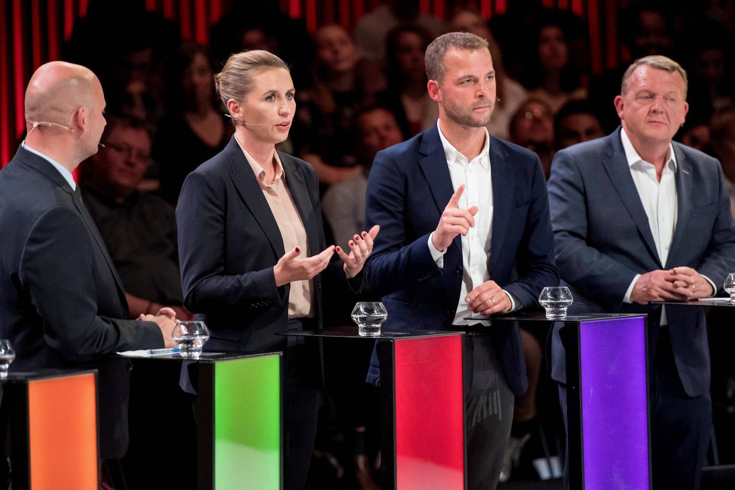 debatt: F.v.: Søren Pape Poulsen, Mette Frederiksen, Morten Østergaard og Lars Løkke Rasmussen. FOTO: NTB SCANPIX