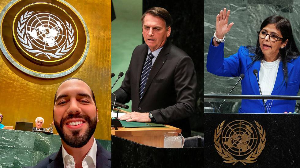 In this photo from the Twitter account of El Salvador’s President Nayib Bukele, Bukele smiles as he poses for a selfie during his address to the 74th session of the United Nations General Assembly at U.N headquarters, Thursday, Sept. 26, 2019. (Nayib Bukele via AP)