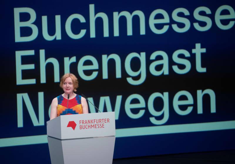Norweigen author Erika Fatland addresses the opening of the Frankfurt Book Fair on October 15, 2019 in Frankfurt am Main, western Germany. - Norway is this year's honorary guest of the fair running from October 16 to 20, 2019. (Photo by Frank Rumpenhorst / dpa / AFP) / Germany OUT