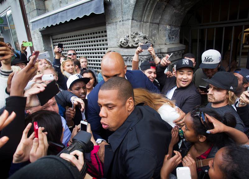 Jay-Z og Beyoncé (delvis skult) på besøk hos Tidal i Oslo i fjor. FOTO: ARNE OVE BERGO