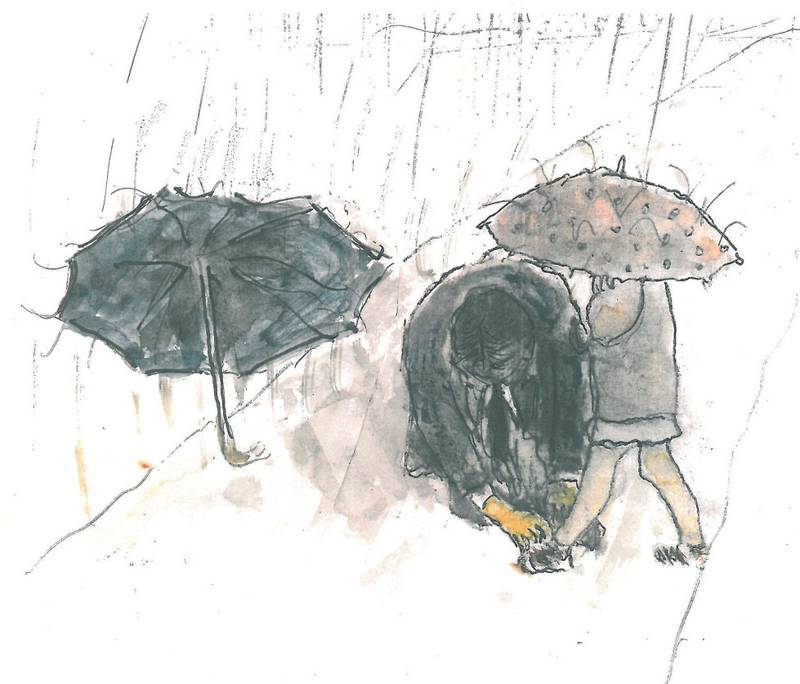 Alle scenene i filmen lager Andersson først akvarellmalerier av. Her en far og hans datter i regnværet.