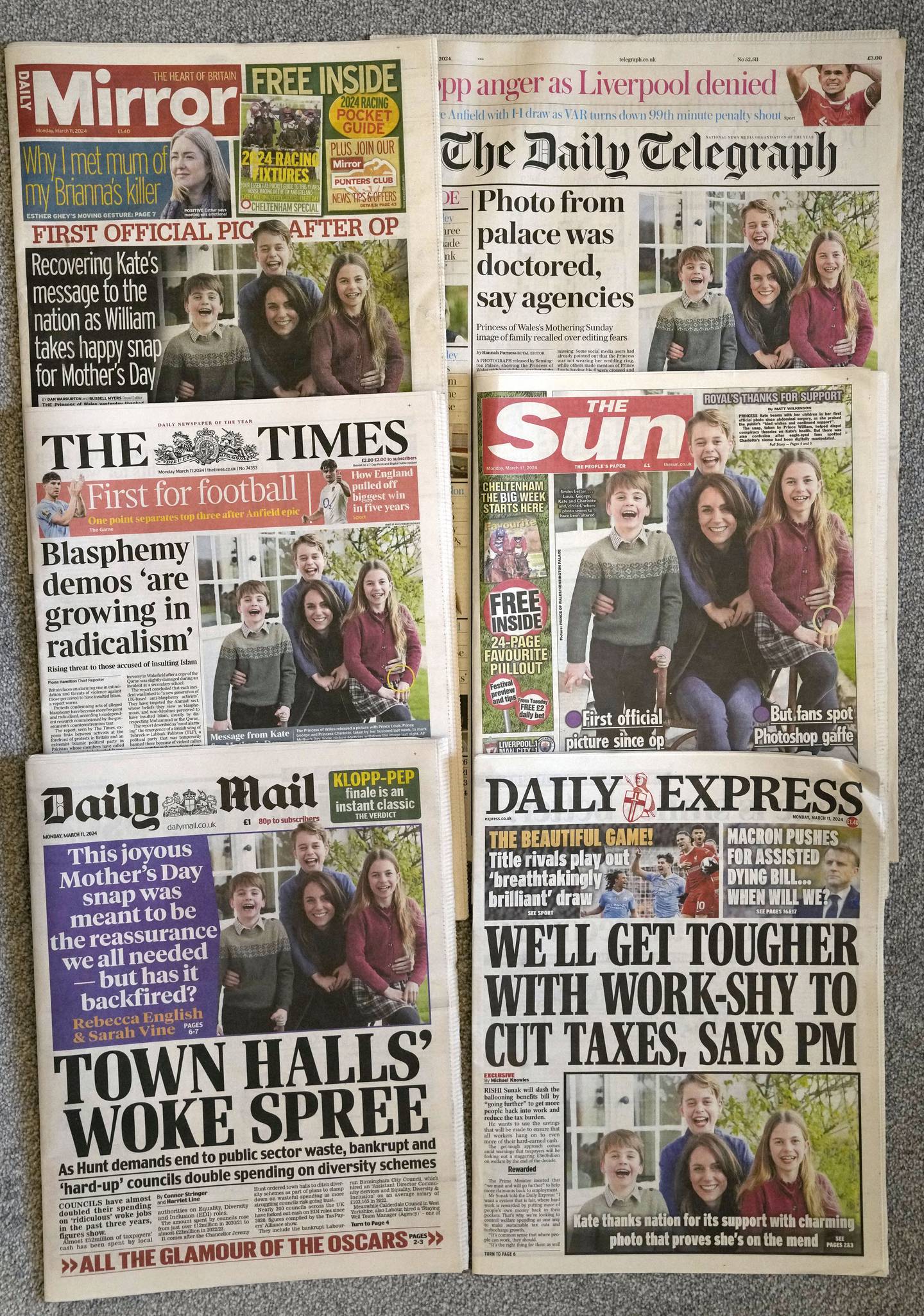 En montasje av britiske aviser med bildet av Kate, prinsesse av Wales og hennes barn. som ble publisert mandag 11. mars 2024.