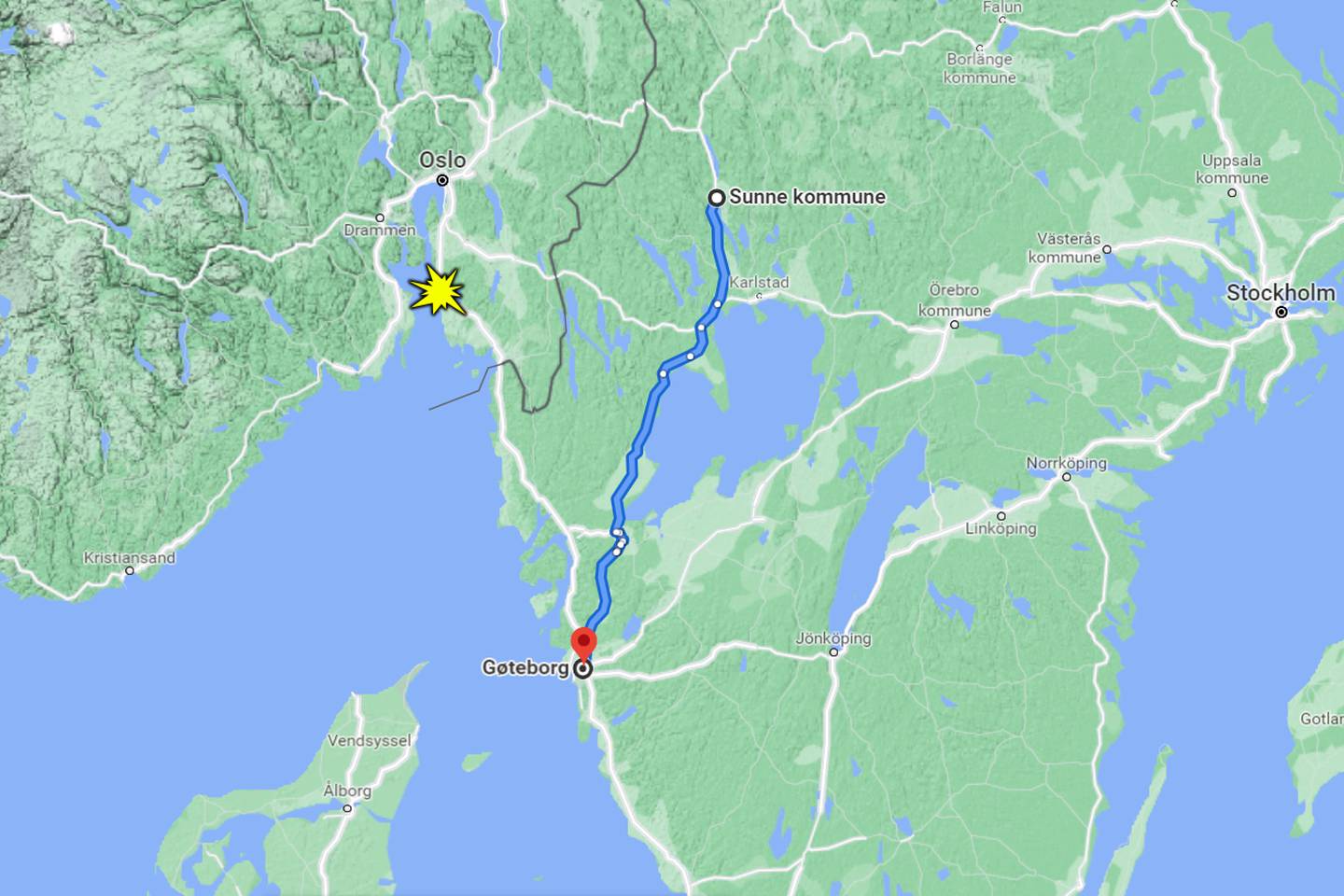 Svensken forklarte at han skulle kjøre fra Sunne til Gøteborg, men endte likevel opp med å krasje i Moss (gult felt).
