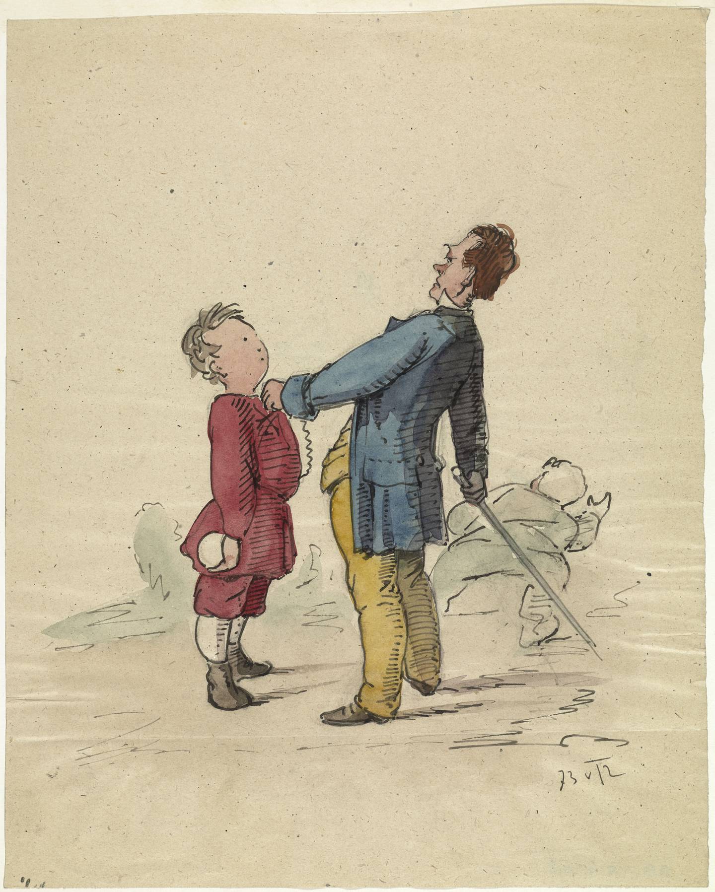 En gutt er i ferd med å få pryl med stokk. Akvarell av Wilhelm von Hanno.