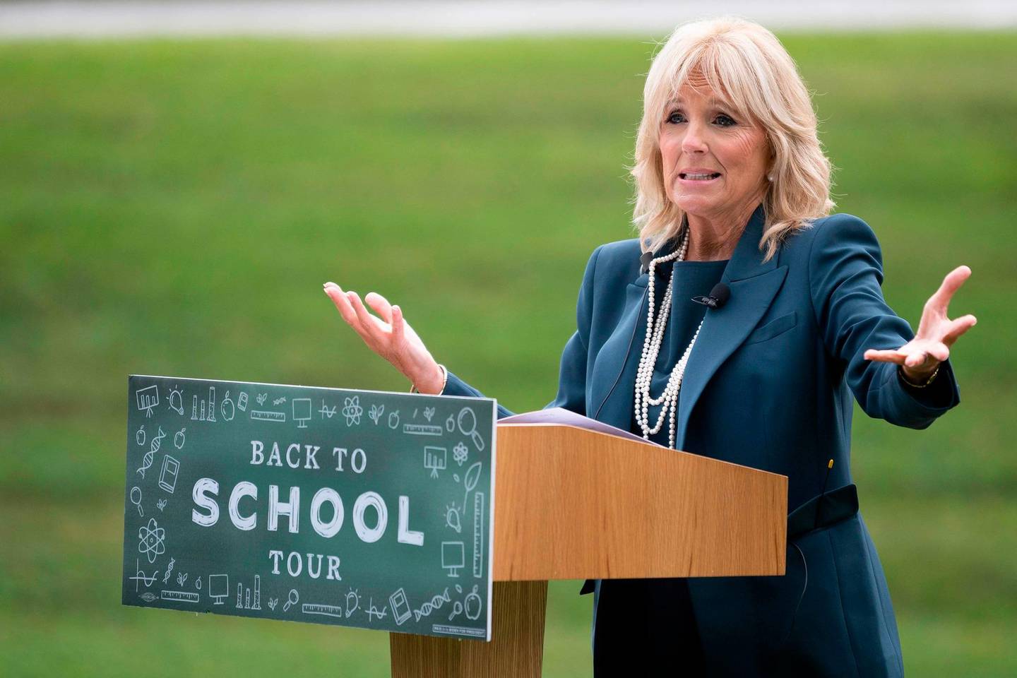 Jill Biden, the wife of Democratic presidential candidate Joe Biden, speaks during a Back to School Tour at Shortlidge Academy in Wilmington, Delaware, on September 1, 2020. (Photo by JIM WATSON / AFP)