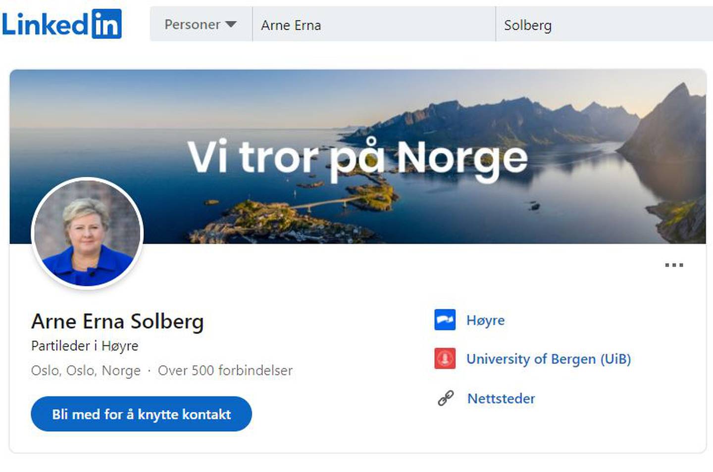 Høyres partileder, Erna Solberg, har midlertidig tatt et annet fornavn på jobbfellesskapet LinkedIn.