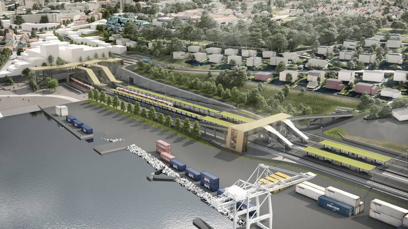 I dagens planer vil den nye jernbanestasjon i Moss havne mellom Moss havn og Rockwool. 