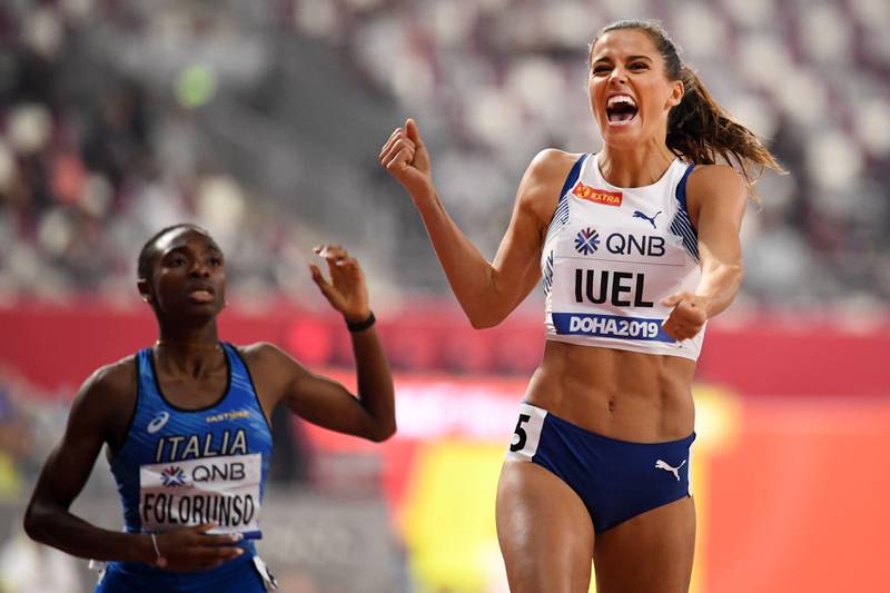 Norway's Amalie Iuel reacts after winning the Women's 400m hurdles race heats at the 2019 IAAF Athletics World Championships at the Khalifa International stadium in Doha on October 1, 2019. (Photo by Jewel SAMAD / AFP)