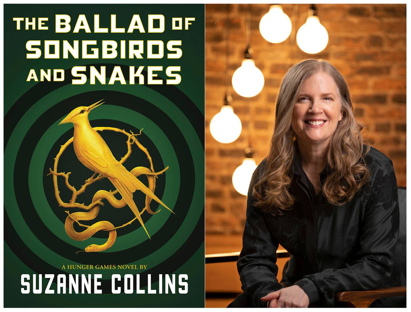 This combination of images released by Scholastic shows the cover image for "The Ballad of Songbirds and Snakes," by Suzanne Collins, left, and a portrait of Collins. The "Hunger Games" novel will be released on May 19. (Scholastic via AP, left, Todd Plitt/Scholastic via AP)